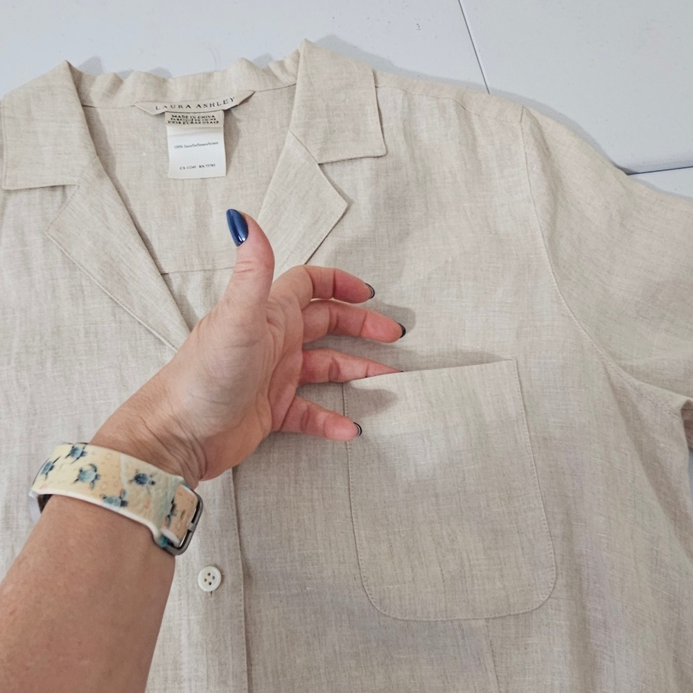 Vintage Laura Ashley Linen Button Front Maxi Dress 12 Beige Minimalist Neutral - Picture 10 of 11